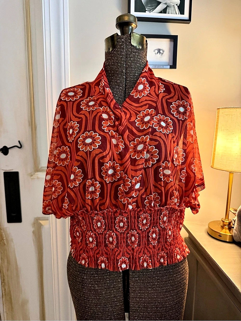 Urban Outfitters Floral Smocked Blouse in Red & Orange Like New